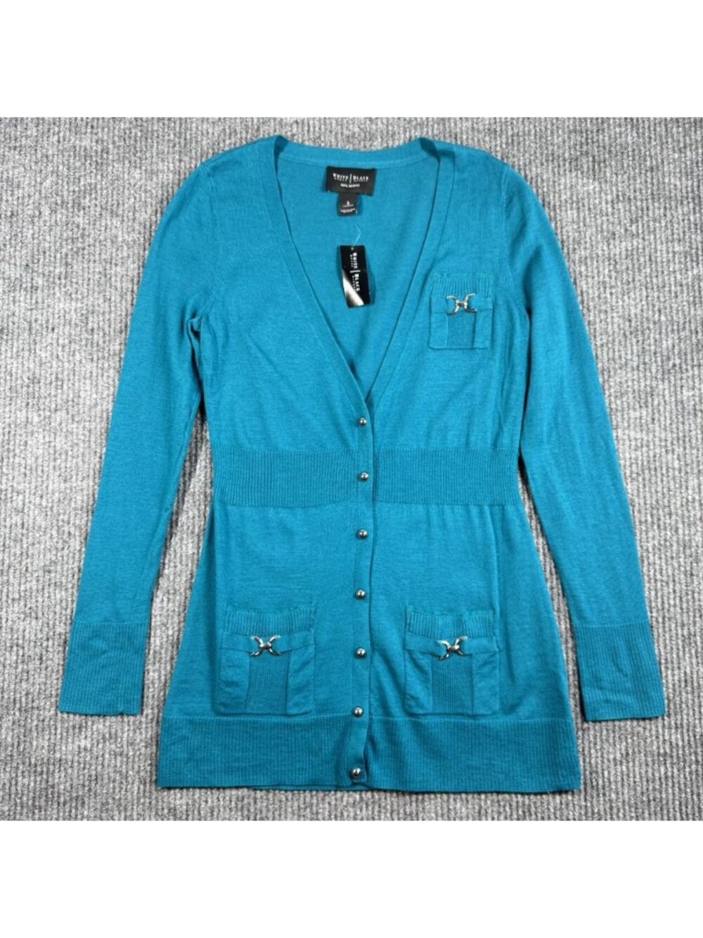White House Black Market Cardigan Size Small Blue Merino Wool Snap Horse Bit NEW